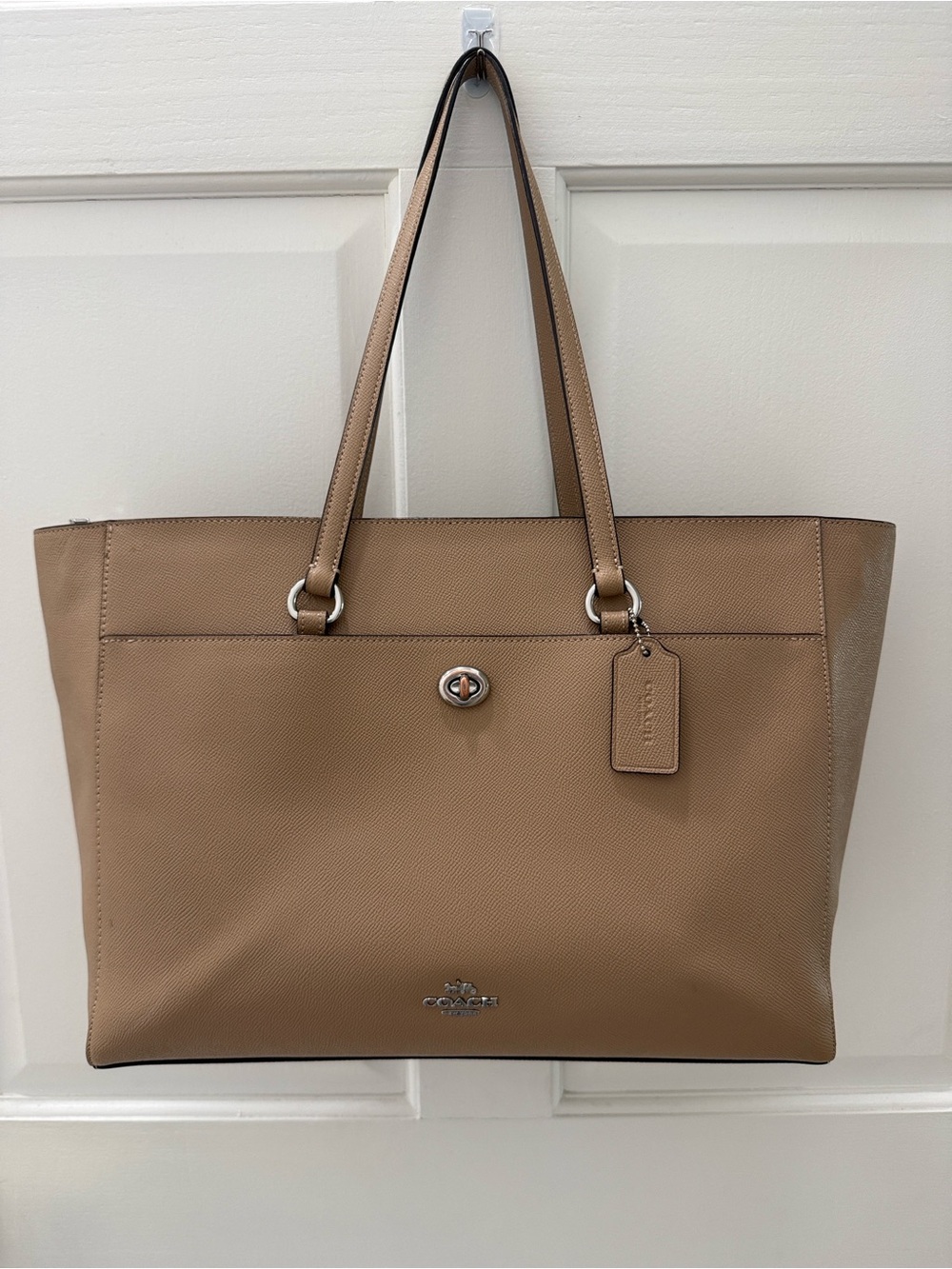 Coach Taupe Leather Tote with Turn-Lock Accent - Picture 11 of 11